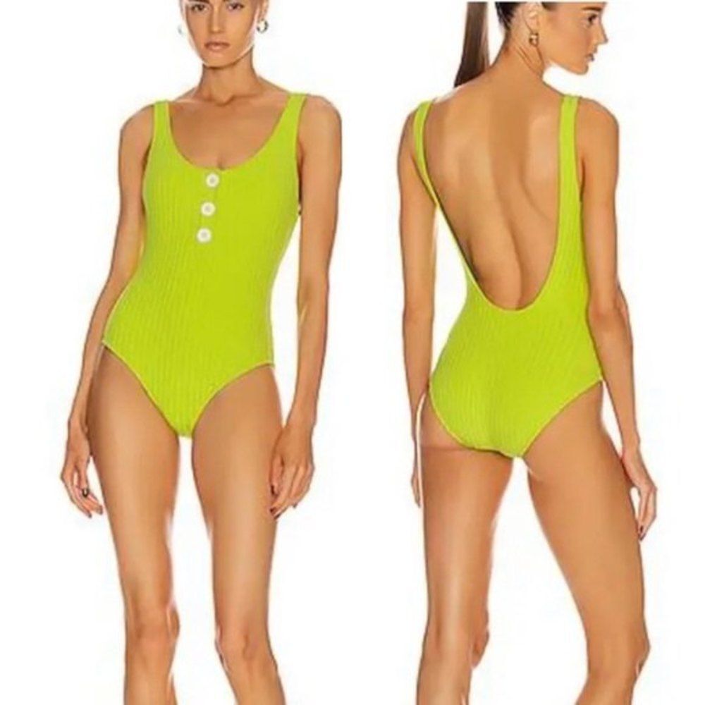 SOLID AND STRIPED Womens The Anne-Marie in Chartreuse Rib Button Swimsuit Sz XS